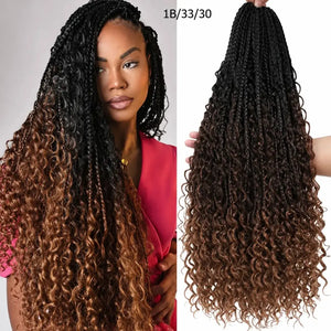 (Shawty Ken) Boho Box Braids Crochet Hair, Curly Ends, Ombre Goddess Braids, Pre-Looped 14, 18, 24 Inches