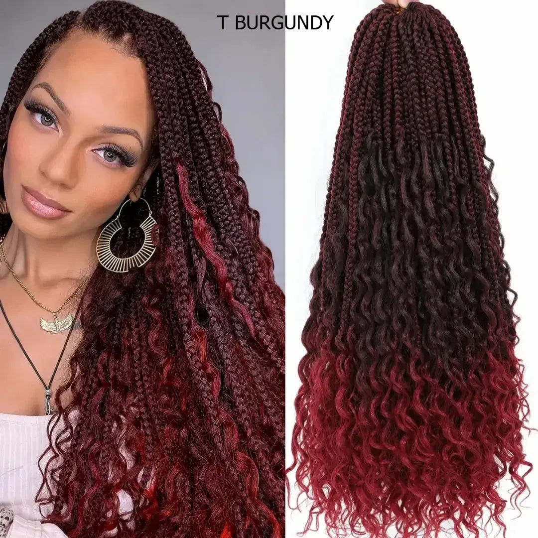 (Shawty Ken) Boho Box Braids Crochet Hair, Curly Ends, Ombre Goddess Braids, Pre-Looped 14, 18, 24 Inches