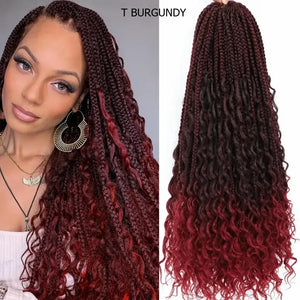 (Shawty Ken) Boho Box Braids Crochet Hair, Curly Ends, Ombre Goddess Braids, Pre-Looped 14, 18, 24 Inches
