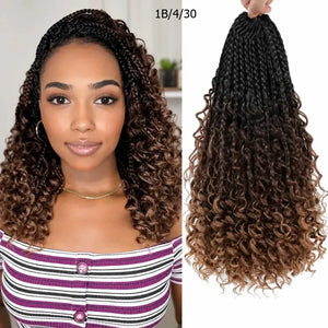 (Shawty Ken) Boho Box Braids Crochet Hair, Curly Ends, Ombre Goddess Braids, Pre-Looped 14, 18, 24 Inches