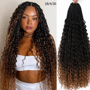 (Shawty Ken) Boho Box Braids Crochet Hair, Curly Ends, Ombre Goddess Braids, Pre-Looped 14, 18, 24 Inches