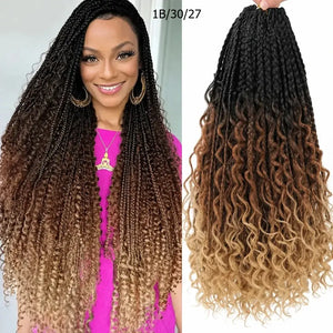 (Shawty Ken) Boho Box Braids Crochet Hair, Curly Ends, Ombre Goddess Braids, Pre-Looped 14, 18, 24 Inches