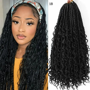 (Shawty Ken) Boho Box Braids Crochet Hair, Curly Ends, Ombre Goddess Braids, Pre-Looped 14, 18, 24 Inches