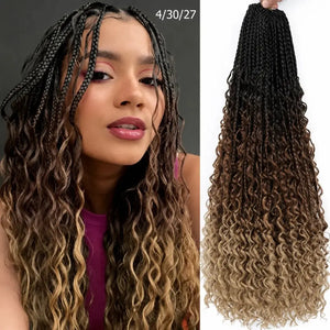 (Shawty Ken) Boho Box Braids Crochet Hair, Curly Ends, Ombre Goddess Braids, Pre-Looped 14, 18, 24 Inches