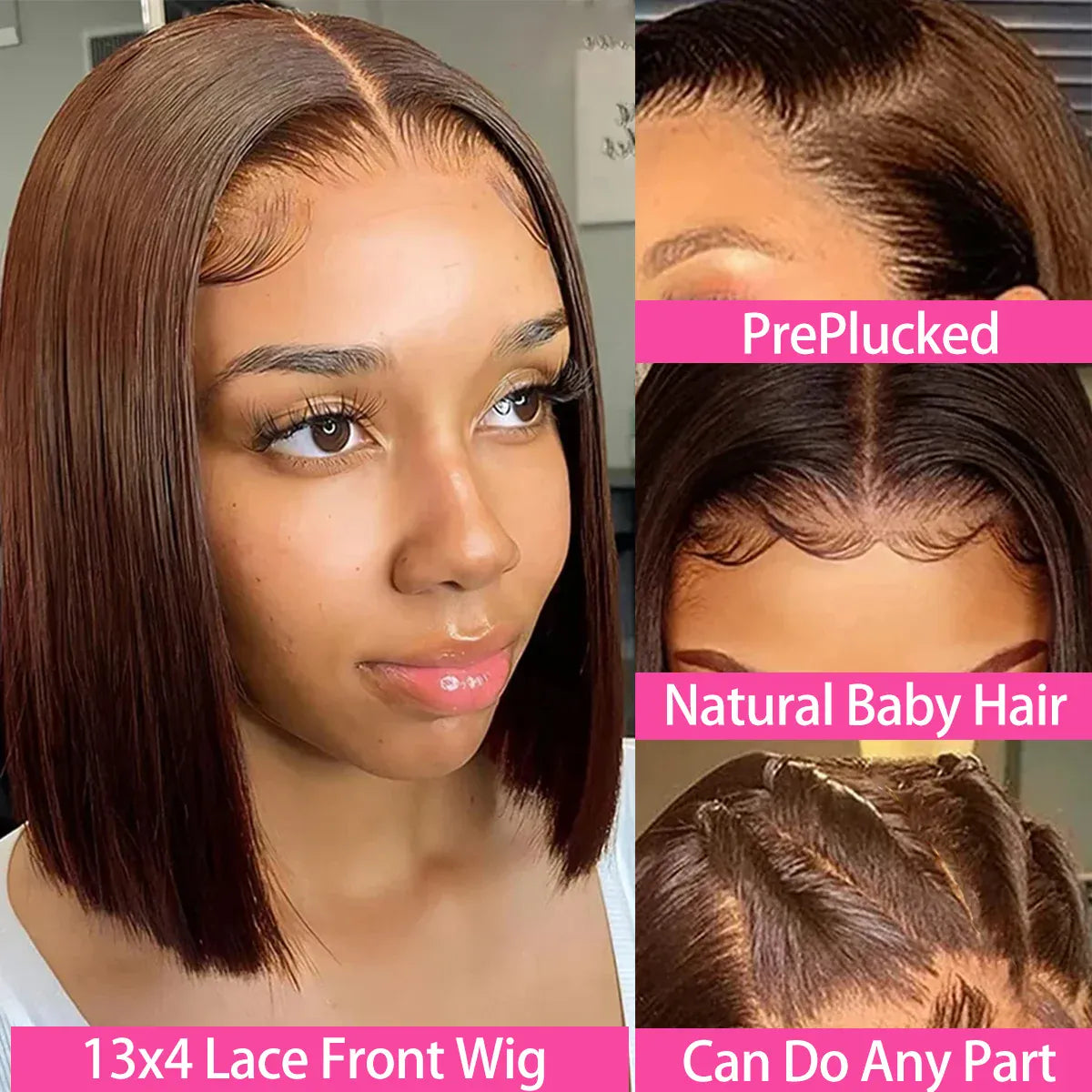 Short 13x4 Lace Front Wig Bob Human Hair Chocolate Brown Straight 200% Density HD Transparent 4x4 Lace Closure Wigs #4 Bob Hair
