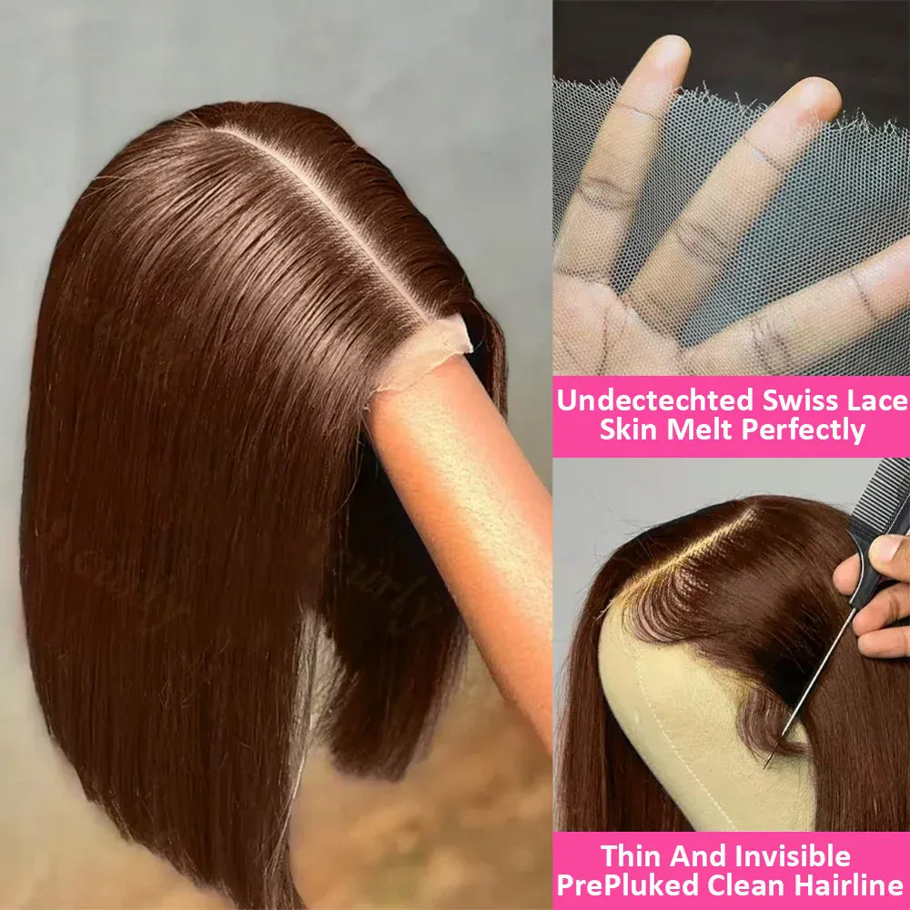 Short 13x4 Lace Front Wig Bob Human Hair Chocolate Brown Straight 200% Density HD Transparent 4x4 Lace Closure Wigs #4 Bob Hair
