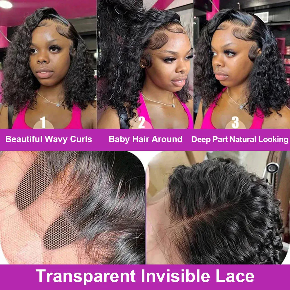 Short Bob Deep Water Wave 13x6 Hd Lace Frontal Wigs 7x5 Glueless Curly Wigs Human Hair Wig For Women 250% Density 14 16 Inch