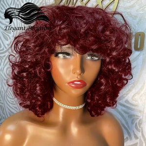 Short Curly Bob Wig Human Hair With Bangs Ready to Go Glueless Bouncy Curly Human Hair Wigs Machine Made Afro Wigs for Women