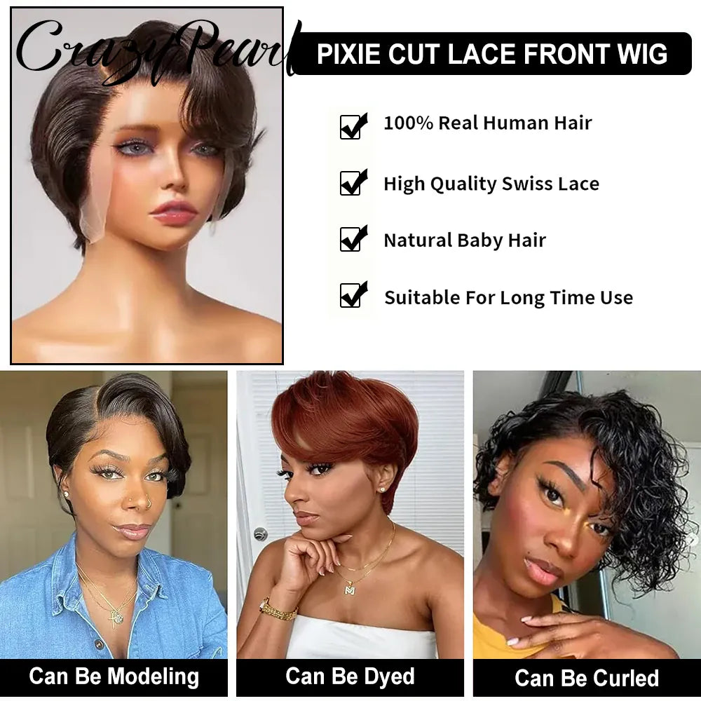 Short Lace Front Pixie Cut Wig Human Hair 13X4 Lace Frontal Wigs Natural Color Pixie Cut Wig Pre Plucked BOB Wig Human Hair