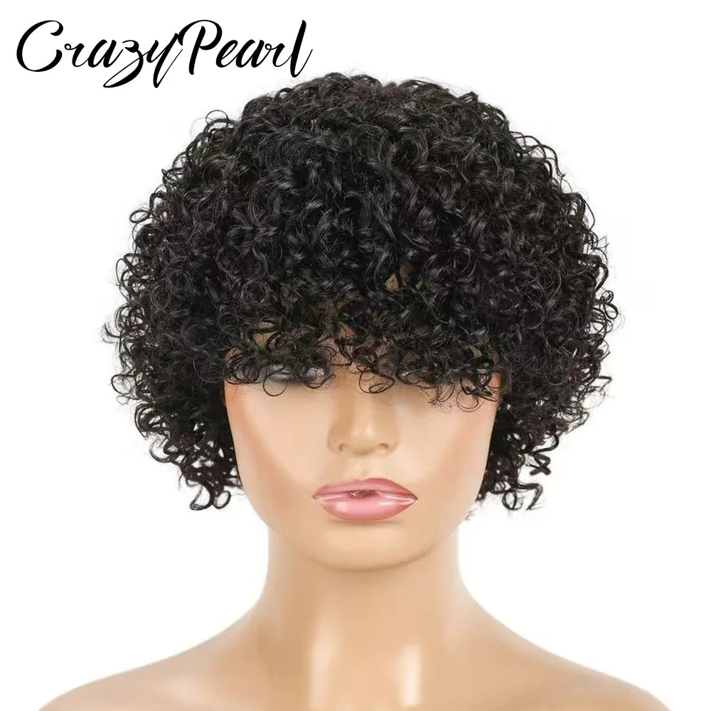 Short Water Wave Human Hair Bob Wigs with Bangs for Black Women 180% Density None Lace Wig Brazilian Virgin Hair Natural Black