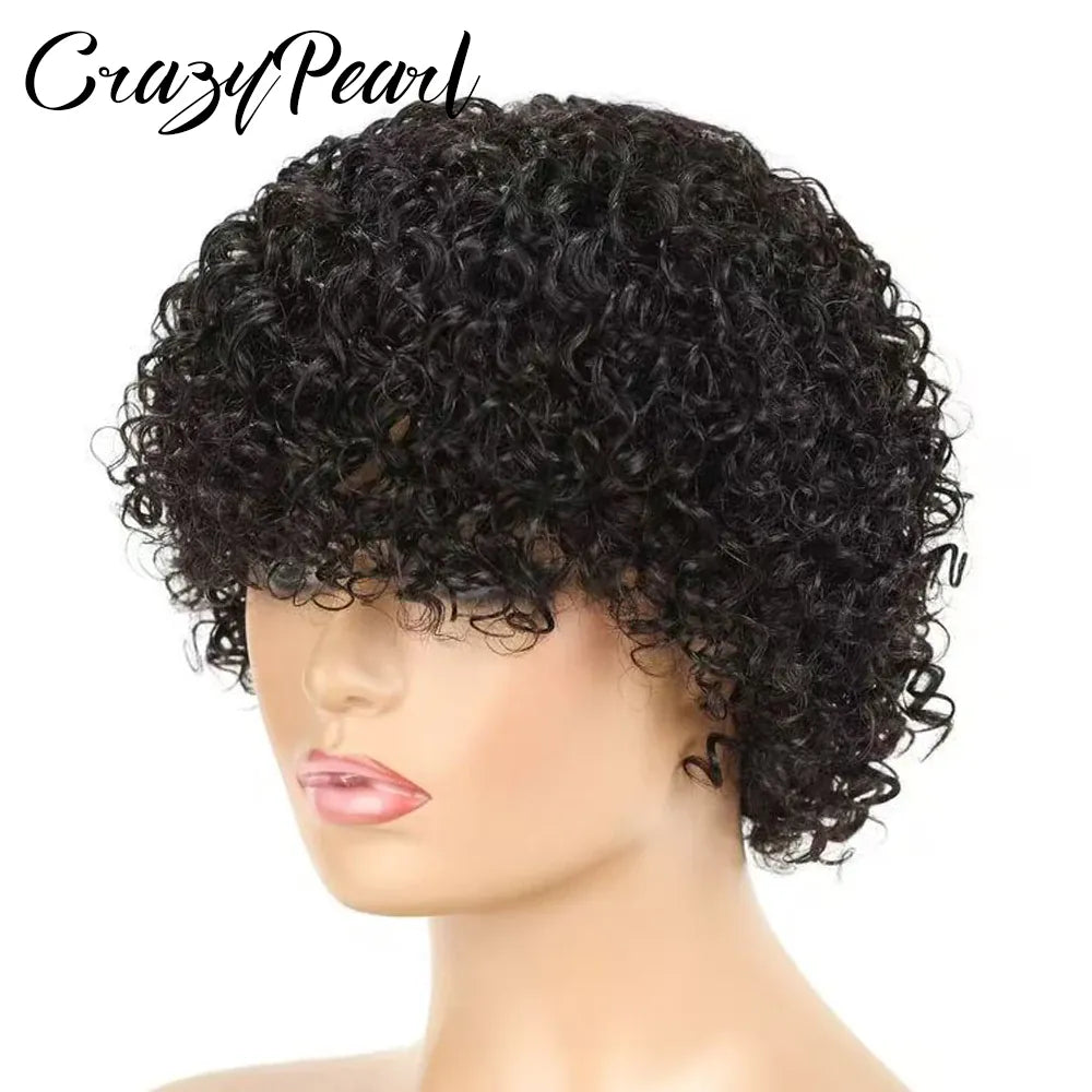 Short Water Wave Human Hair Bob Wigs with Bangs for Black Women 180% Density None Lace Wig Brazilian Virgin Hair Natural Black