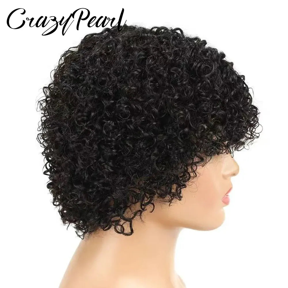 Short Water Wave Human Hair Bob Wigs with Bangs for Black Women 180% Density None Lace Wig Brazilian Virgin Hair Natural Black