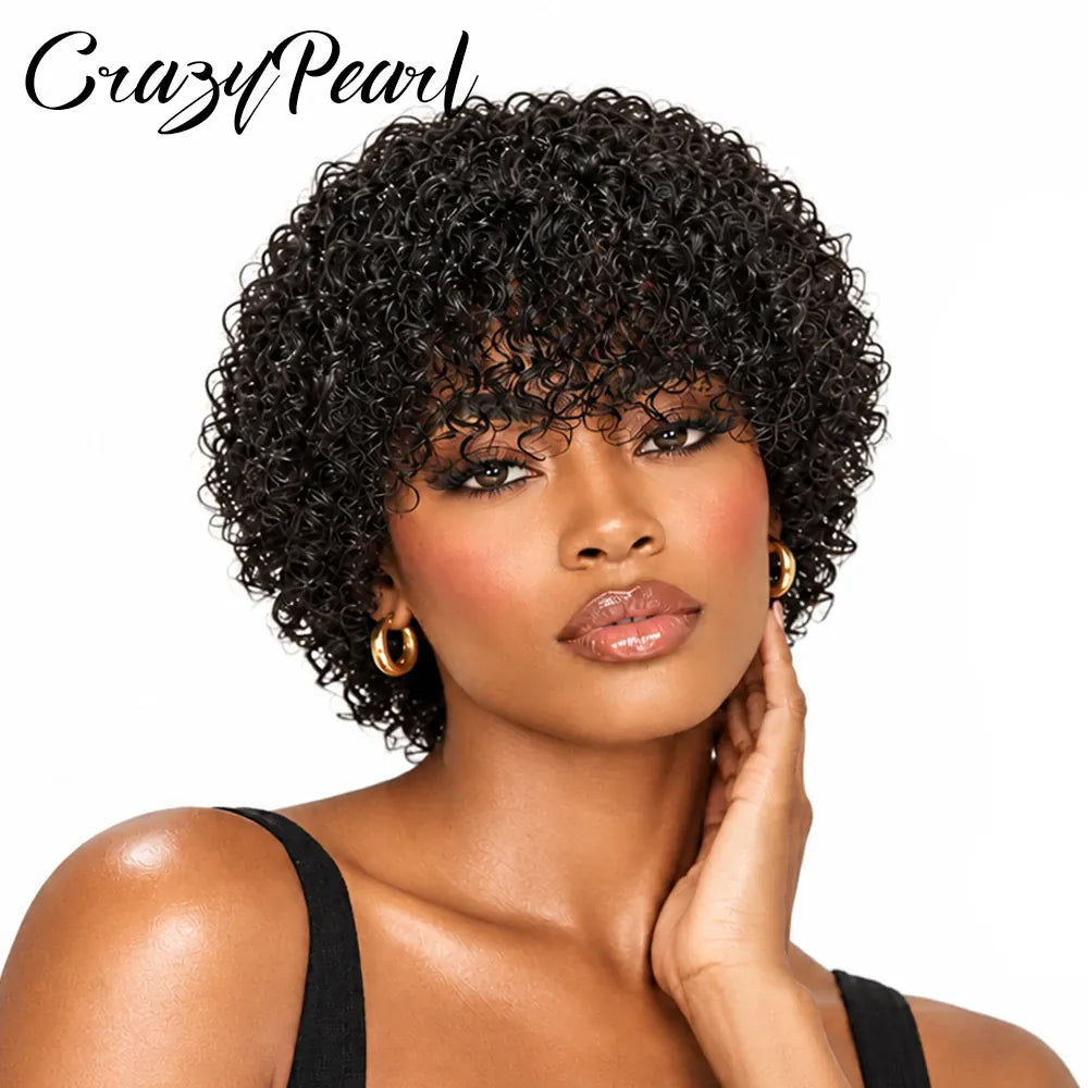 Short Water Wave Human Hair Bob Wigs with Bangs for Black Women 180% Density None Lace Wig Brazilian Virgin Hair Natural Black