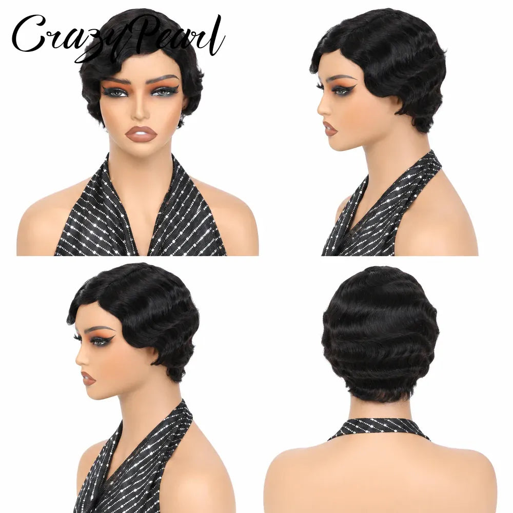 Short Wigs for Black Women Human Hair Ocean Finger Wave Pixie Cut Wig Human Hair Glueless Costume Wig No Glue Wig for Daily Use