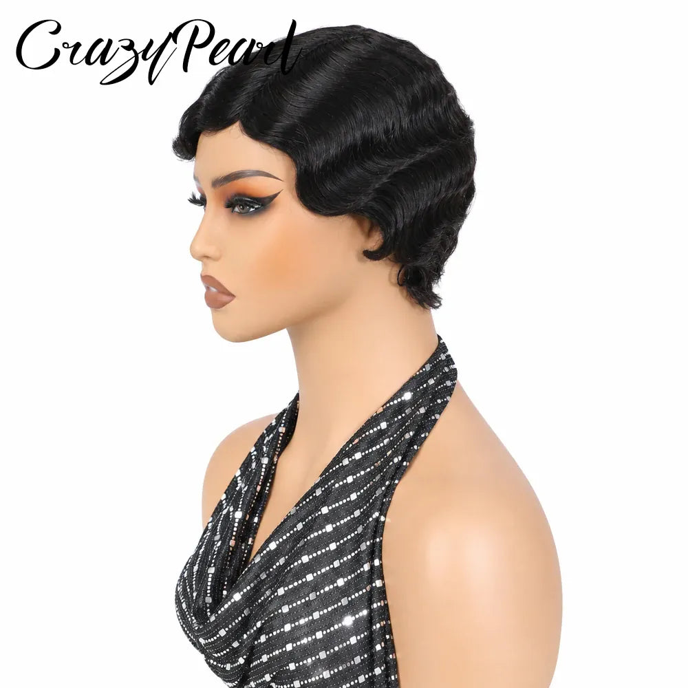 Short Wigs for Black Women Human Hair Ocean Finger Wave Pixie Cut Wig Human Hair Glueless Costume Wig No Glue Wig for Daily Use