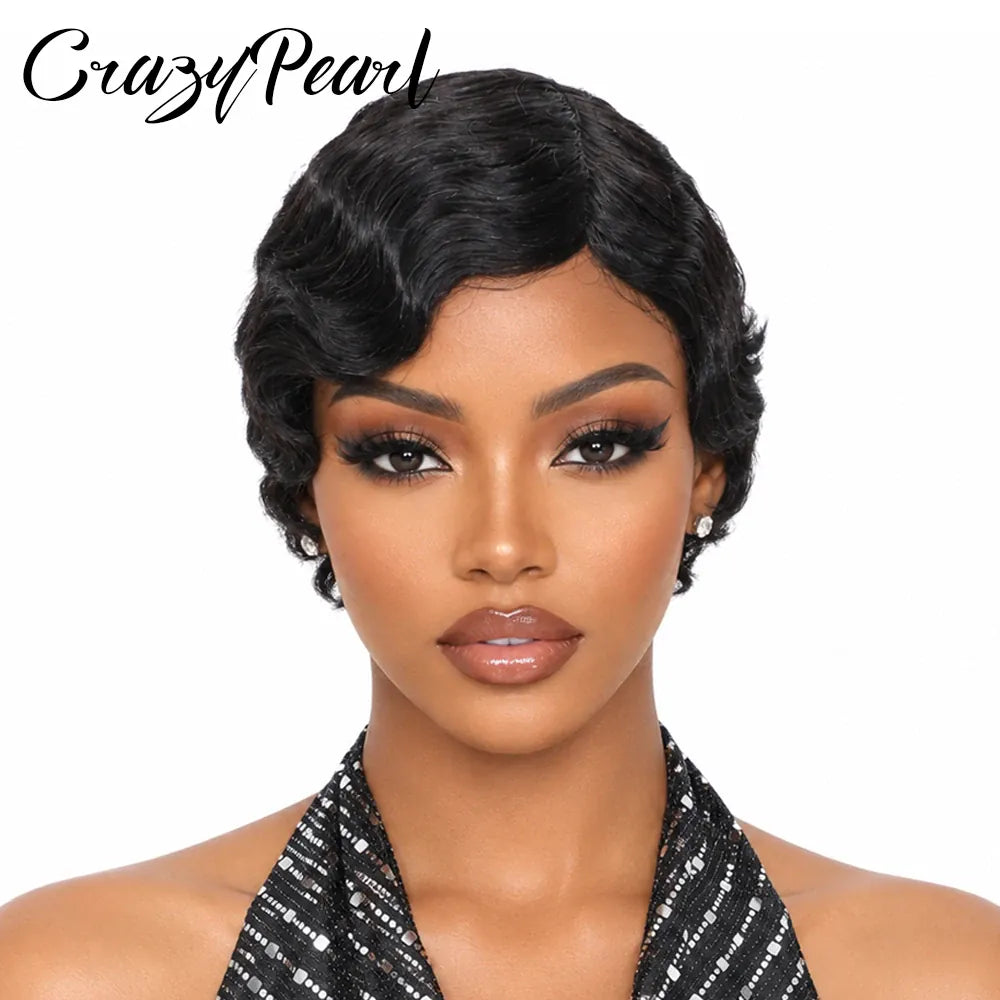 Short Wigs for Black Women Human Hair Ocean Finger Wave Pixie Cut Wig Human Hair Glueless Costume Wig No Glue Wig for Daily Use
