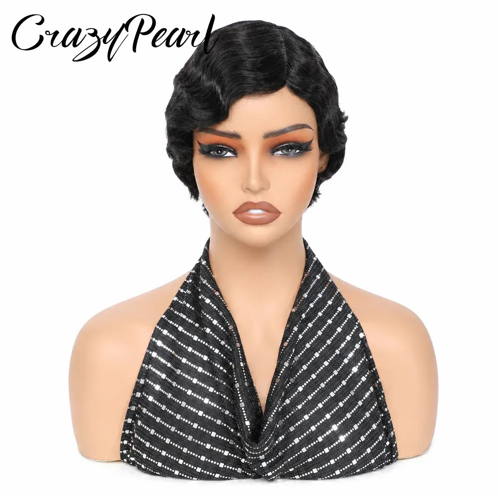 Short Wigs for Black Women Human Hair Ocean Finger Wave Pixie Cut Wig Human Hair Glueless Costume Wig No Glue Wig for Daily Use