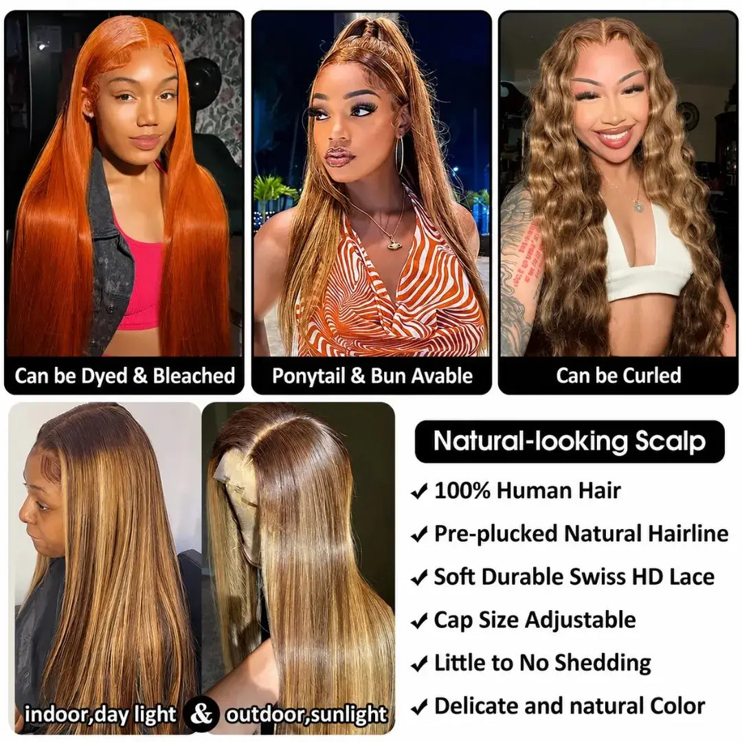 HSF Marketplace 4/27 Highlight Straight HD Lace Front Human Hair Wig with pre-plucked hairline, 13x6 lace, 16-38 inches, 200% density