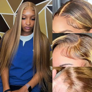 (Situation) 4/27 Highlight Straight Human Hair HD Lace Front Wig 13x6, Brazilian Hair, 16–38 Inch, 200% Density, Pre-Plucked