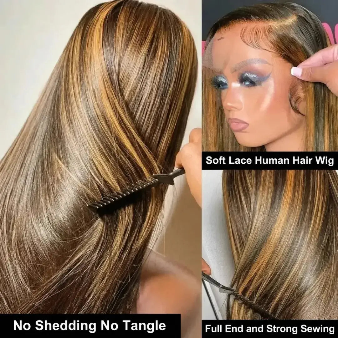 HSF Marketplace 4/27 Highlight straight human hair lace front wig with pre-plucked hairline and 13x6 HD lace, 16-38 inches, 200 density