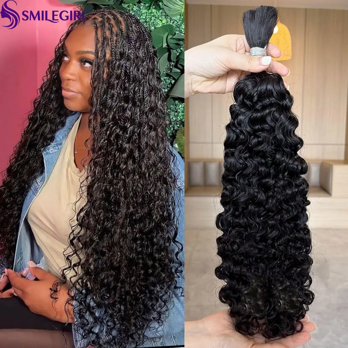 Smilegirl 15A Human Braiding Hair for Boho Braids Burmese Curly Spiral Ends Bulk 100% Unprocessed Virgin Hair 3/4 Bundle 24 26 28 30 Inch
