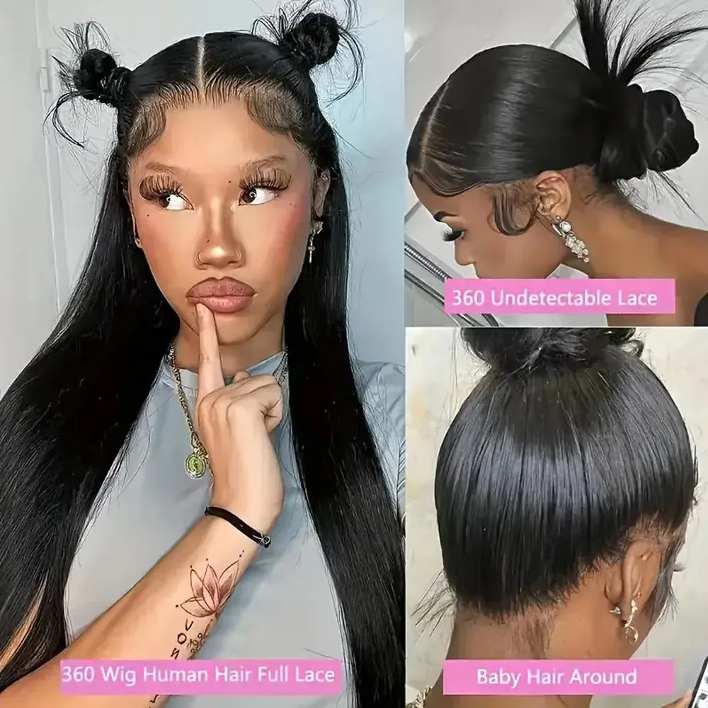 Smilegirl Invisible Strap 360 Full Lace Glueless Wig Human Hair Straight 13x4 HD Lace Front Wig Drawstring Natural Color 360 Hd Lace Frontal Wig