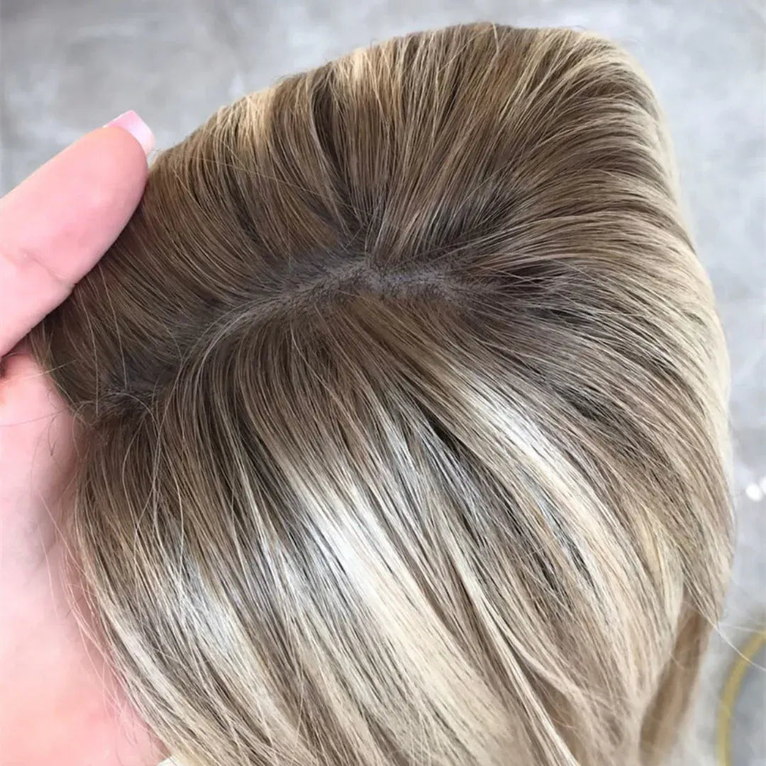 Blonde straight lace front human hair wig with soft highlights, 150 density, pre-plucked baby hair by HSF Marketplace