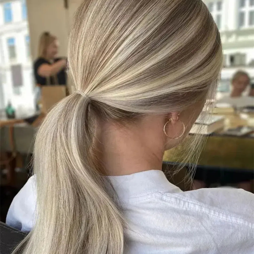 Blonde straight lace front human hair wig with soft highlights, 150 density, pre-plucked baby hair and 13x4 lace parting