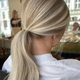 Blonde straight lace front human hair wig with soft highlights, 150 density, pre-plucked baby hair and 13x4 lace parting