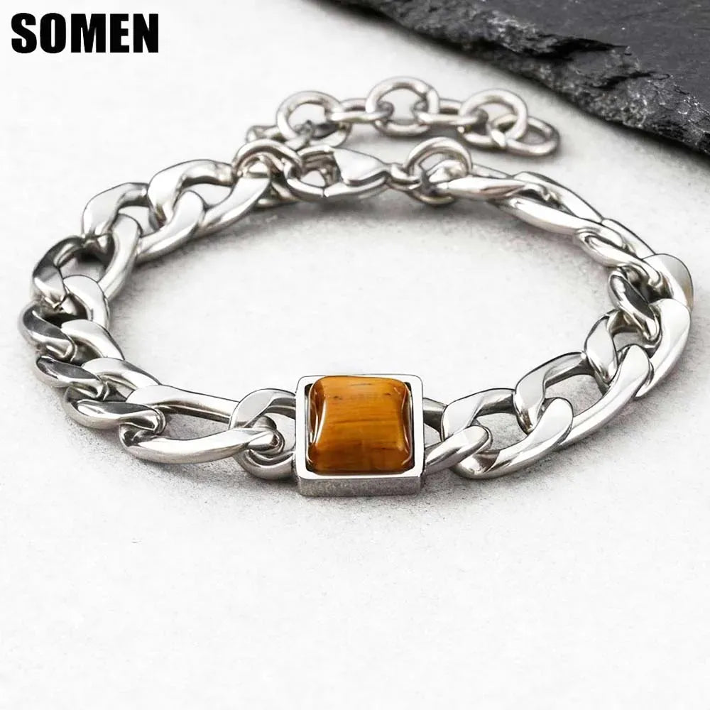 Somen Square Tiger Eye Stone Chain Bracelet For Men Stainless Steel Adjustable Chain Wristband Fashion Charm Jewelry Party Gifts
