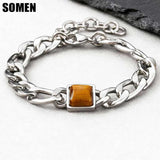 Somen Square Tiger Eye Stone Chain Bracelet For Men Stainless Steel Adjustable Chain Wristband Fashion Charm Jewelry Party Gifts