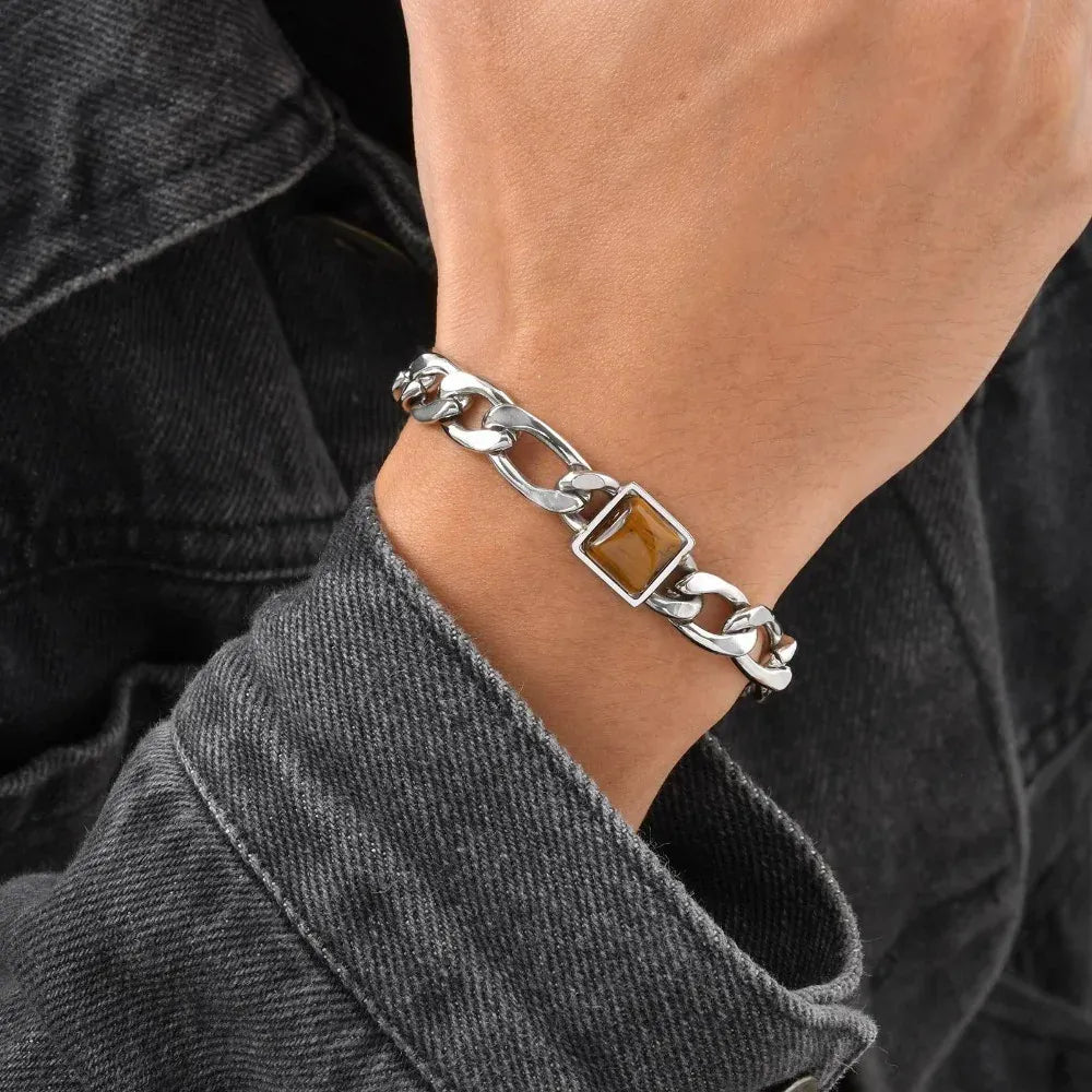 Somen Square Tiger Eye Stone Chain Bracelet For Men Stainless Steel Adjustable Chain Wristband Fashion Charm Jewelry Party Gifts