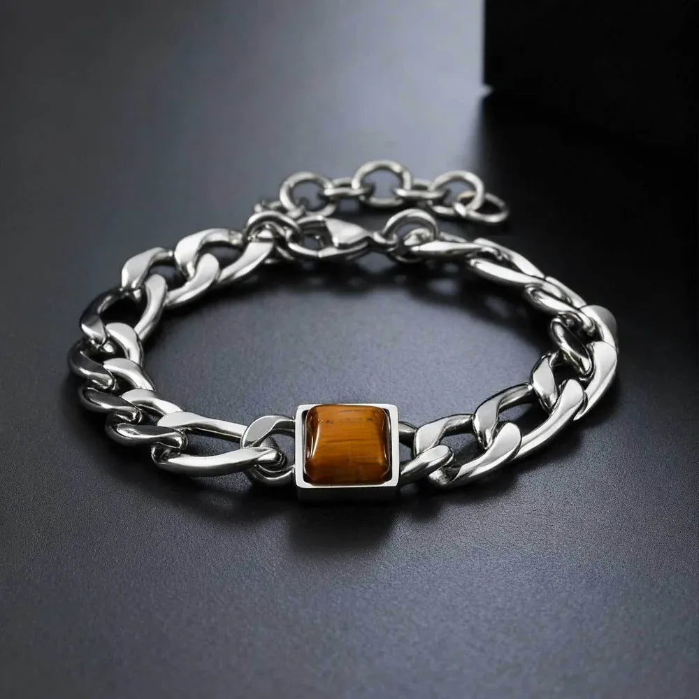 Somen Square Tiger Eye Stone Chain Bracelet For Men Stainless Steel Adjustable Chain Wristband Fashion Charm Jewelry Party Gifts