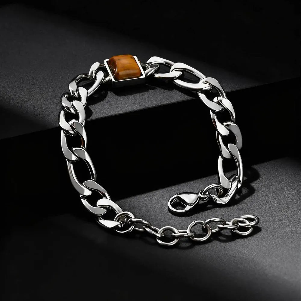Somen Square Tiger Eye Stone Chain Bracelet For Men Stainless Steel Adjustable Chain Wristband Fashion Charm Jewelry Party Gifts