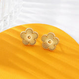 Stainless Steel Golden Plum Blossom Five Leaf Flower Stud Earrings For Women Fashion Waterproof Clover Jewelry Gift