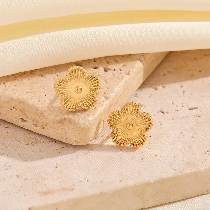 Stainless Steel Golden Plum Blossom Five Leaf Flower Stud Earrings For Women Fashion Waterproof Clover Jewelry Gift