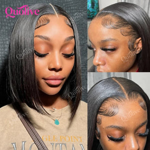 (Subtle Tea) Short Bob Human Hair HD Lace Wig 5x5 or 13x6, Glueless Wear and Go, Straight Pre-Plucked