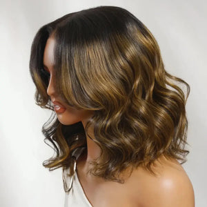 (Sydney) Balayage Highlight Body Wave Bob Human Hair Wig, 7x5 HD Lace, Glueless Drawstring No-Slip Cap