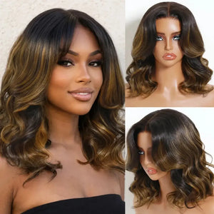 (Sydney) Balayage Highlight Body Wave Bob Human Hair Wig, 7x5 HD Lace, Glueless Drawstring No-Slip Cap