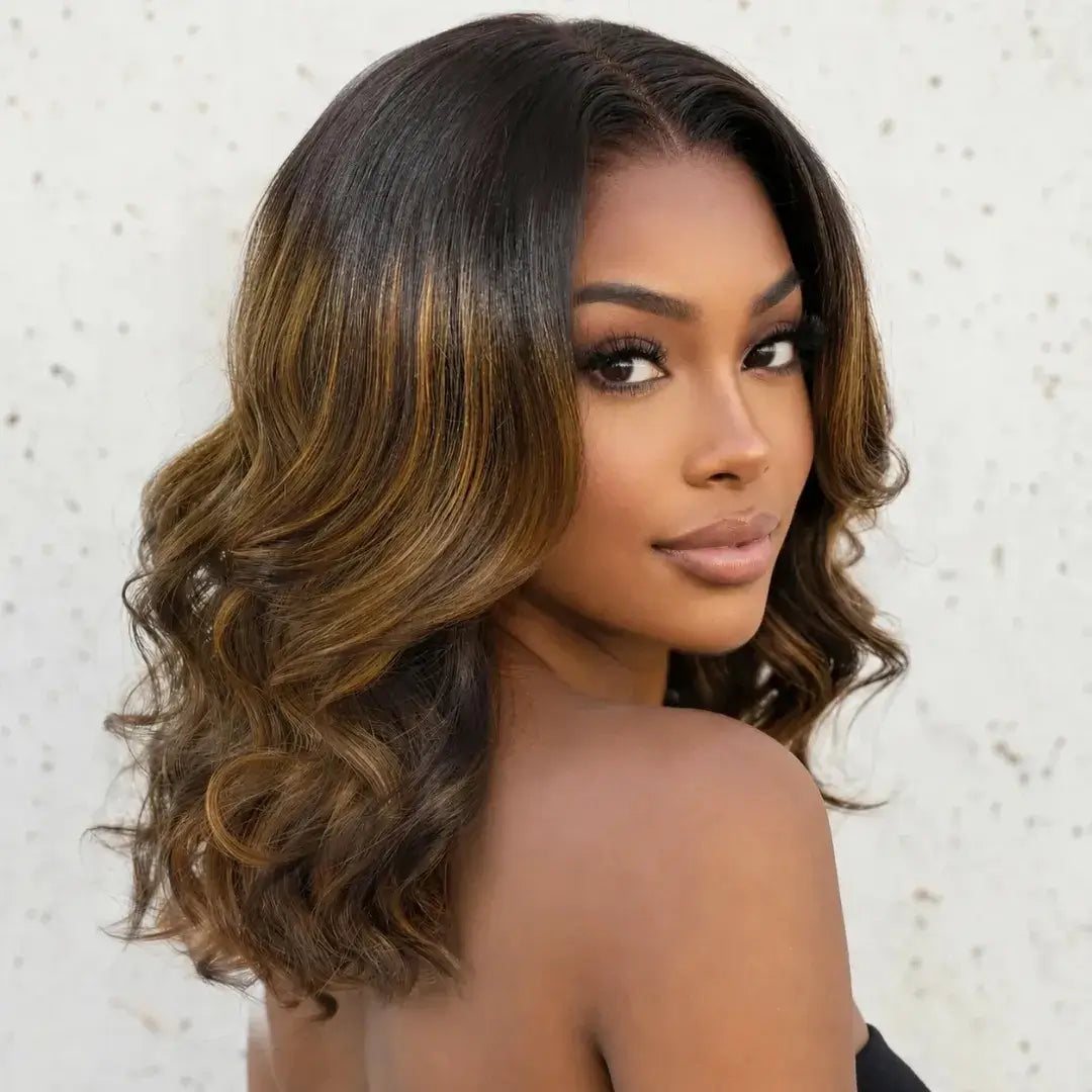 (Sydney) Balayage Highlight Body Wave Bob Human Hair Wig, 7x5 HD Lace, Glueless Drawstring No-Slip Cap