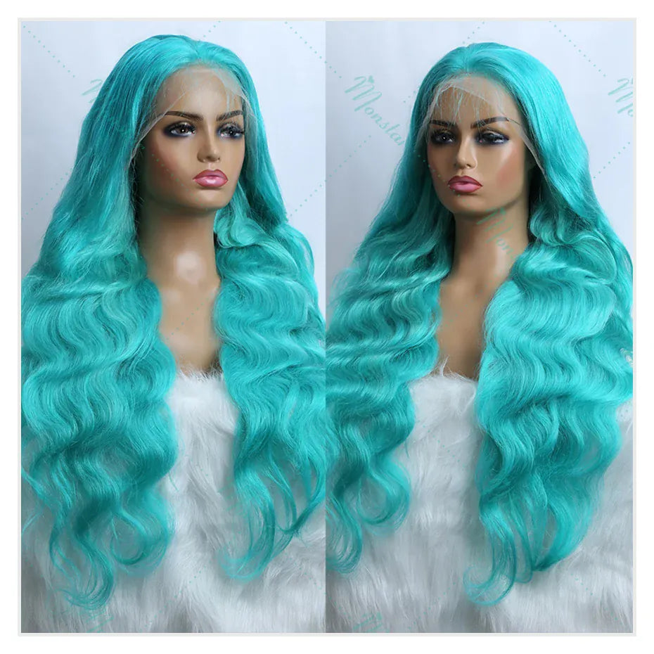 Teal Color Human Hair Wig Brazilian Remy Body Wave Lace Front Wig Pre Plucked Cyan Green 13x6 Hd Lace Frontal Wigs For Women 30"
