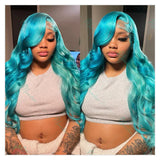 Teal Color Human Hair Wig Brazilian Remy Body Wave Lace Front Wig Pre Plucked Cyan Green 13x6 Hd Lace Frontal Wigs For Women 30"