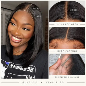 (Themis) Straight Bob Human Hair Wig, Glueless Wear and Go, 4x4 or 5x5 HD Lace Closure, Pre-Plucked