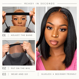 (Themis) Straight Bob Human Hair Wig, Glueless Wear and Go, 4x4 or 5x5 HD Lace Closure, Pre-Plucked