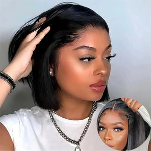 (Themis) Straight Bob Human Hair Wig, Glueless Wear and Go, 4x4 or 5x5 HD Lace Closure, Pre-Plucked