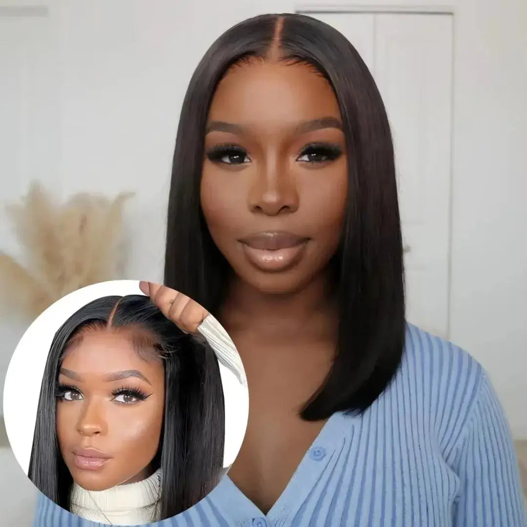 (Themis) Straight Bob Human Hair Wig, Glueless Wear and Go, 4x4 or 5x5 HD Lace Closure, Pre-Plucked