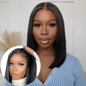 (Themis) Straight Bob Human Hair Wig, Glueless Wear and Go, 4x4 or 5x5 HD Lace Closure, Pre-Plucked