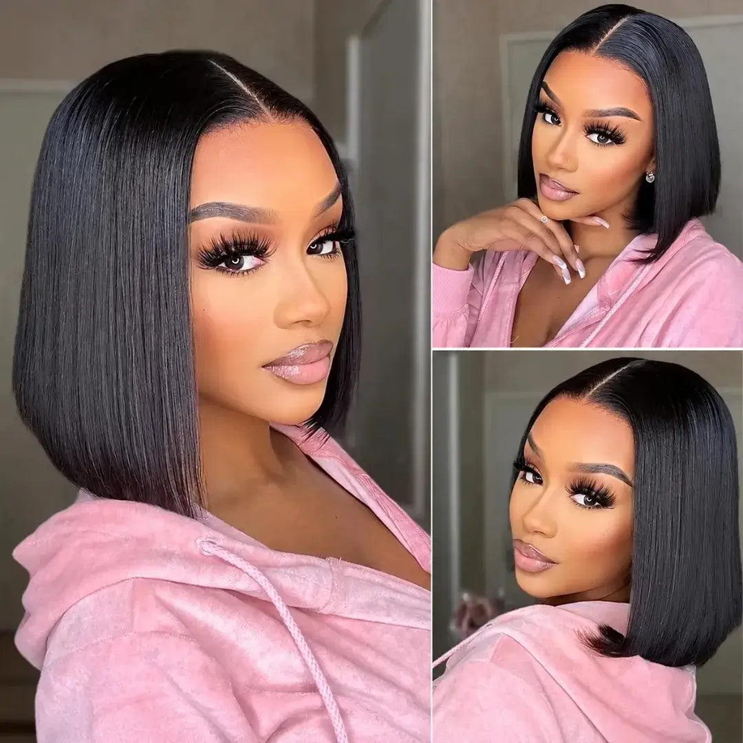 (Themis) Straight Bob Human Hair Wig, Glueless Wear and Go, 4x4 or 5x5 HD Lace Closure, Pre-Plucked