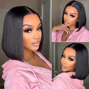 (Themis) Straight Bob Human Hair Wig, Glueless Wear and Go, 4x4 or 5x5 HD Lace Closure, Pre-Plucked