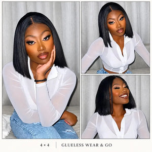 (Themis) Straight Bob Human Hair Wig, Glueless Wear and Go, 4x4 or 5x5 HD Lace Closure, Pre-Plucked